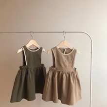 Одежда для малышей; коллекция года; сезон весна-лето; новое Хлопковое платье-майка без рукавов с карманами в японском и южнокорейском стиле для девочек; детское платье для девочек