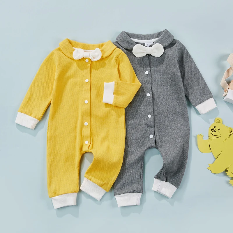 

Infant Baby Boys Romper, Long Sleeve Color Contrast Button Down Bowknot Long Pants Bodysuit