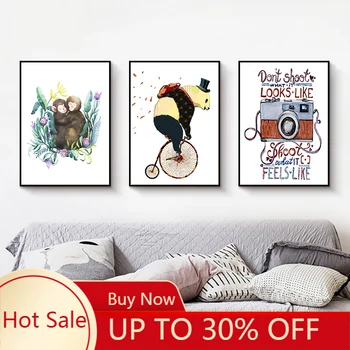 

Canvas Painting Modern Cartoon Animals Panda Riding Monkey Vintage Camera Posters Wall Art Picture for Room Decor