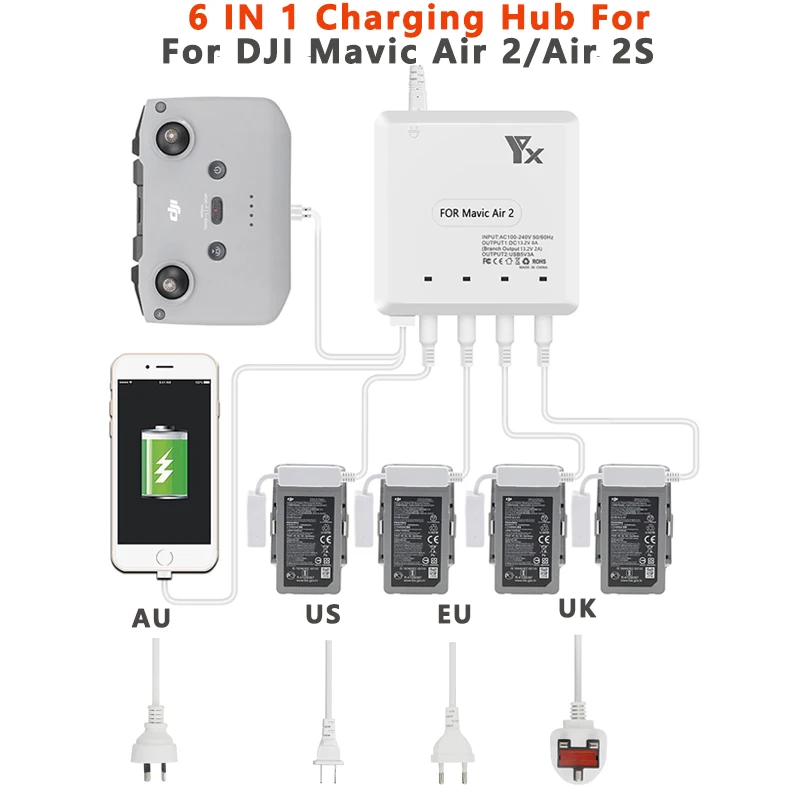 

For DJI Mavic Air 2 /2S Drone 6 in 1 Battery Charger with USB Port Remote Control Charging Hub Multi Charger Drone Accessories