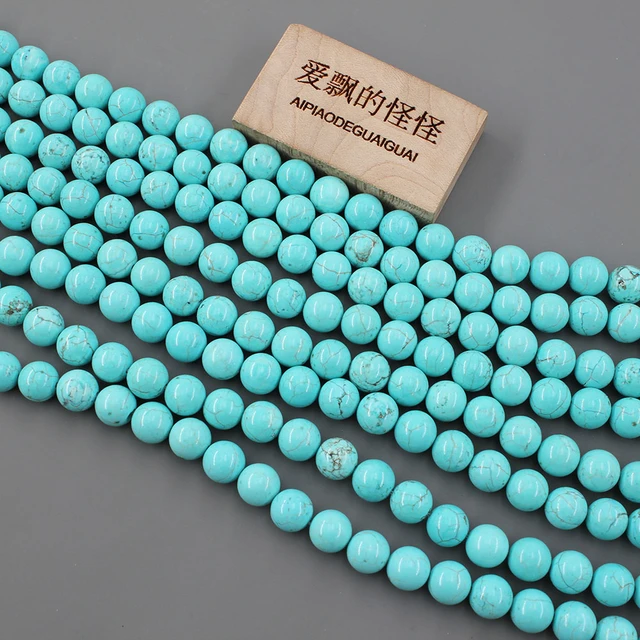 6 mm Blue Turquoise Round Stone Beads Woven Wax Cord Adjustable