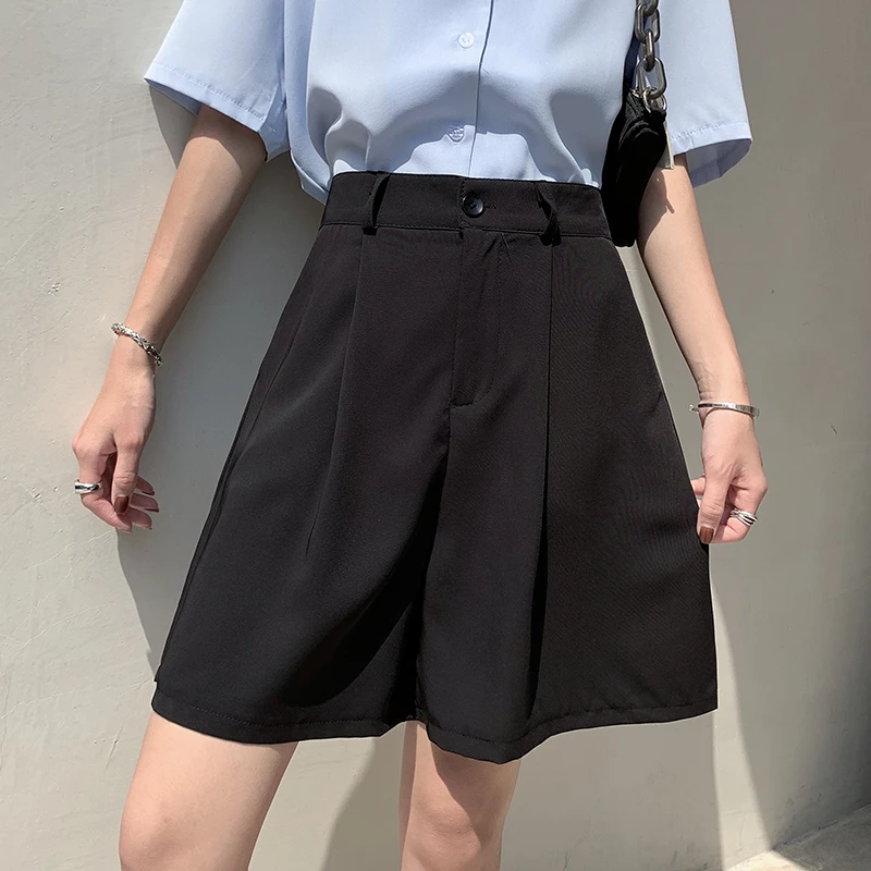 Suit Shorts 2021 Summer New Loose Casual High Waist Slim Wide Leg Shorts Girls Streetwear Sets Shorts Solid Black Pant