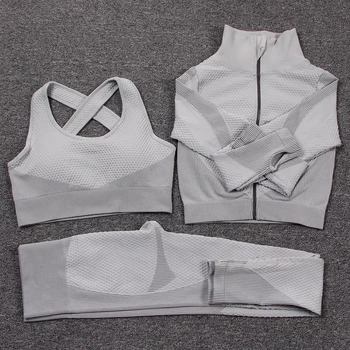 3 Pieces Set Seamless Sport Set Women Running Gym Clothing Tracksuit Sportswear Crop Top Yoga