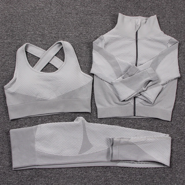3 Pieces Set Seamless Sport Set Women Running Gym Clothing Tracksuit Sportswear Crop Top Yoga Pant