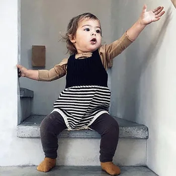 

Winter Baby Girl Sweater Knitted Infant Sleeveless Warm Cute Striped Print Strap Bodysuit Newborn Outfits 3 Color
