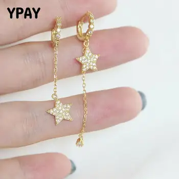 

YPAY 100% Pure 925 Sterling Silver Zircon Earrings Women Korea Japan Star Asymmetric Drop Dangle Earring Fine Jewellery YME602