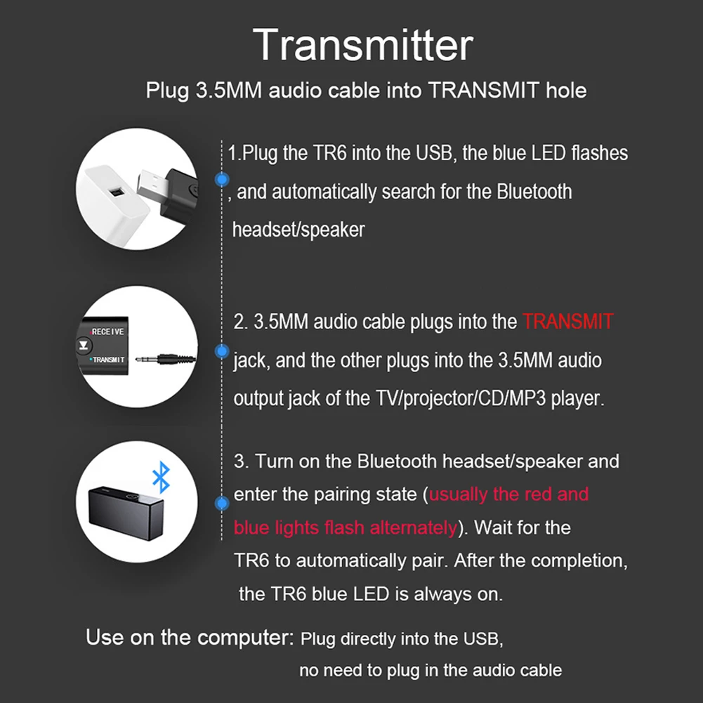 Bluetooth передатчик Bluetooth 5,0 USB передатчик приемник источник питания для автомобиля 2 в 1 ПК аудио адаптер для дома