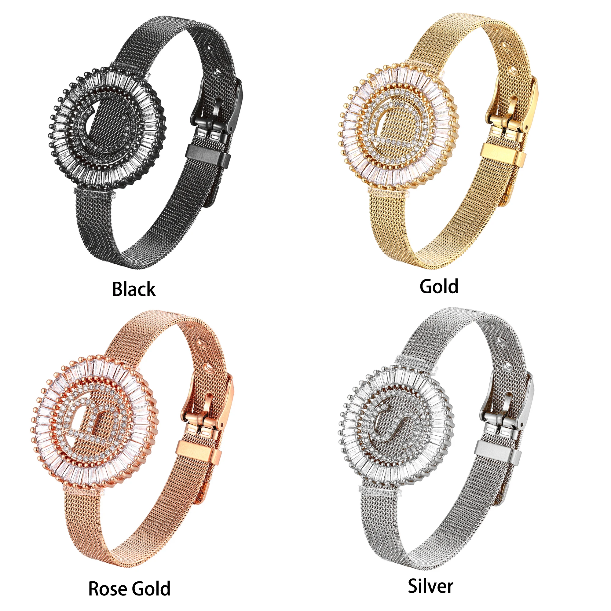 Fashion Stainless Steel Watch Style Bracelet Cubic Zirconia CZ Letter Bracelet Initial Charm Watch Bracelets