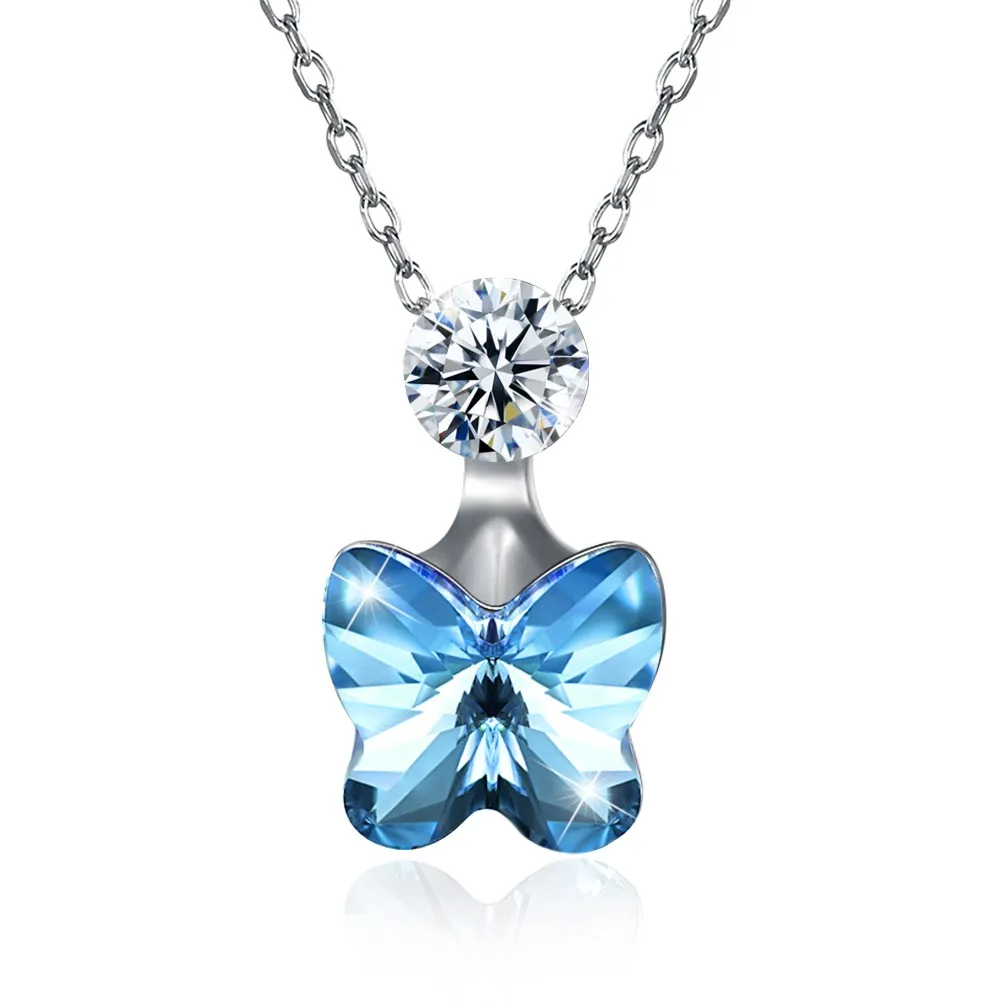 

Blue Love Crystal Necklace Butterfly Diamond Shape Pendant Pink Exquisite Girl Silver Jewelry 925 sterling silver necklace