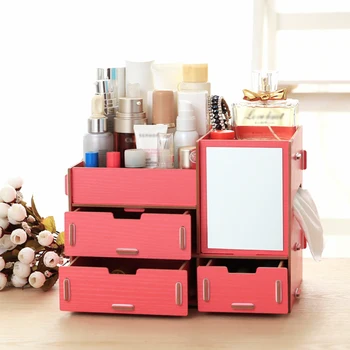 

Multifunctional Desktop Storage Box Wooden Makeup Organizer Case Drawers Large Capacity DIY Jewelry Container Mirror Storage Box