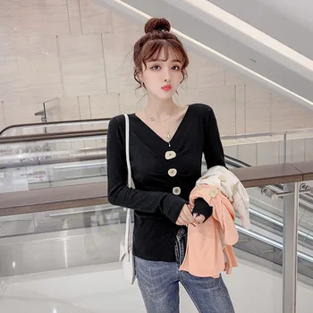 

Fashion Slim V-neck Long-sleeved Knit Pullover Autumn Solid Button Women Slim Sweater