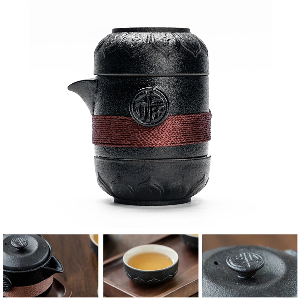 Теплоизоляция кофе контейнер черный керамика один горшок две чашки Портативный Путешествия Нескользящие на открытом воздухе чайный сервиз керамика для дома и офиса