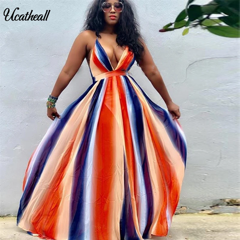 

Ucatheall Women Strap Gradient Chiffon DressSexy Rainbow Color Backless Dress Bohemian Seaside Holiday Strap Beach Vestido