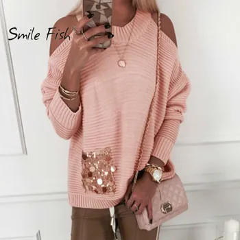 

Autumn Khaki Women Sweater Winter Long Sleeve Jumper New Sequin Knitted Loose Fashion Pullover Femme Sweaters Tops Thick G1014