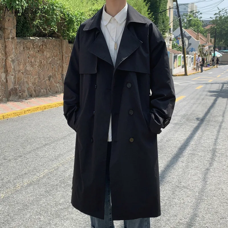Los hombres trinchera doble Breasted fajas Baggy sólido estilo coreano para hombre chaquetas Chic guapo Simple Harajuku Retro Punk ropa