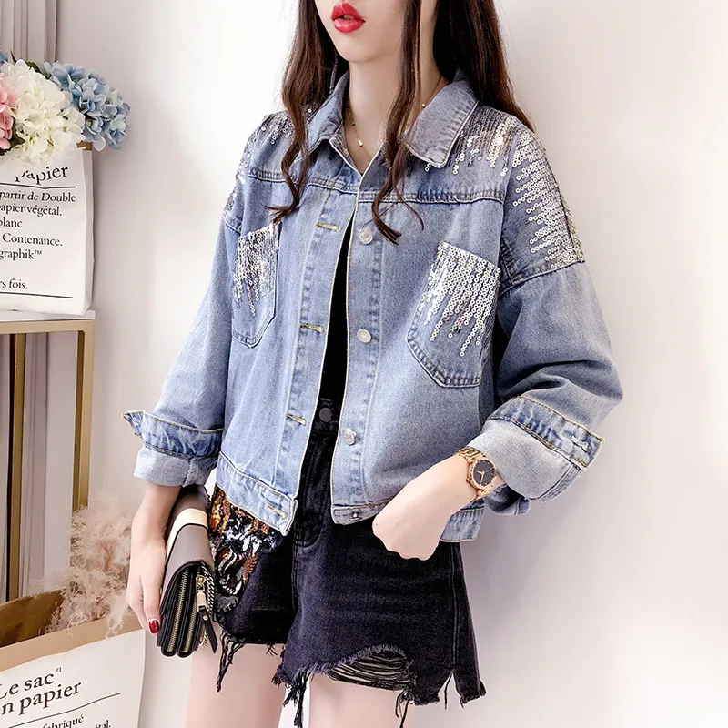 

Women's Washed Loose Big Pocket Heavy Industry Sequin Tassel Denim Jacket Spring 2020 Korean Ladies Single-breasted Jeans Jacket