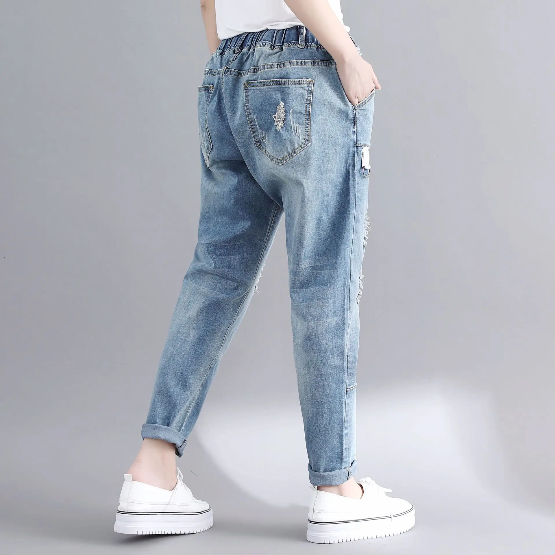 Jeans woman Stretch Pencil Pants Plus Size Elastic Waist Thin Ripped Jeans Women 2020 Summer