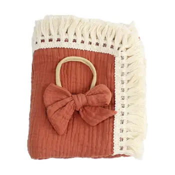 

2Pcs Baby Tassel Sleeping Swaddle Wrap Bow Headband Set Cotton Blanket Headwear GXMB