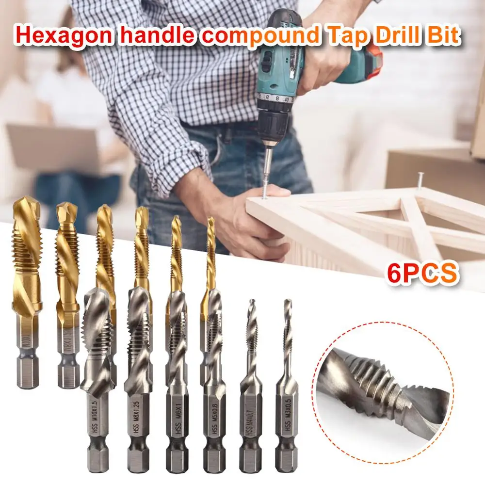 

6PCS 1/4 Inch M3-M10 Screw Tap Drill Bits HSS Taps Woodworking Metric Combination Bit High Speed Steel Titanium Quick Change Hex