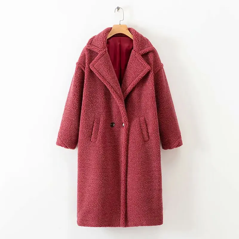 Bella philosophy, Женское зимнее теплое длинное пальто из искусственного меха, винтажное женское плотное пальто с длинным рукавом и плюшевым мишкой, свободная верхняя одежда - Цвет: Deep Pink