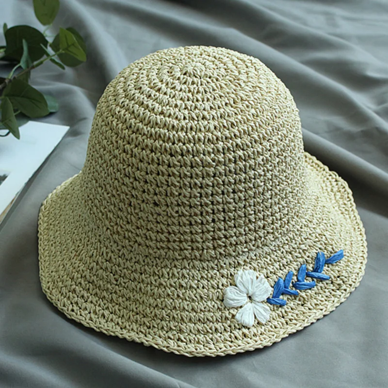 

Summer Foldable Bucket Hat Children White Daisy Small along Crochet Bucket Hat Elegant Handmade Straw Topee