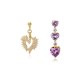 

Brass With 18K Gold Zirconia Heart Stud Earrings 925 sterling Silver Needle Punk Party Sweety Gown Runway Boho Korean Japan