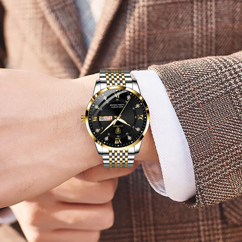 2021 New Casual Sport Chronograph Men's Watches Stainless Steel Band Wristwatch Big Dial Quartz Clock with Luminous Pointers