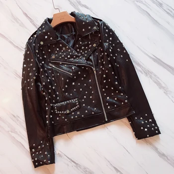 

Autumn High-end Rivets Jacket Women Short Biker&Motorcycle Black PU Leather Jackets European Chaquetas Mujer 2019