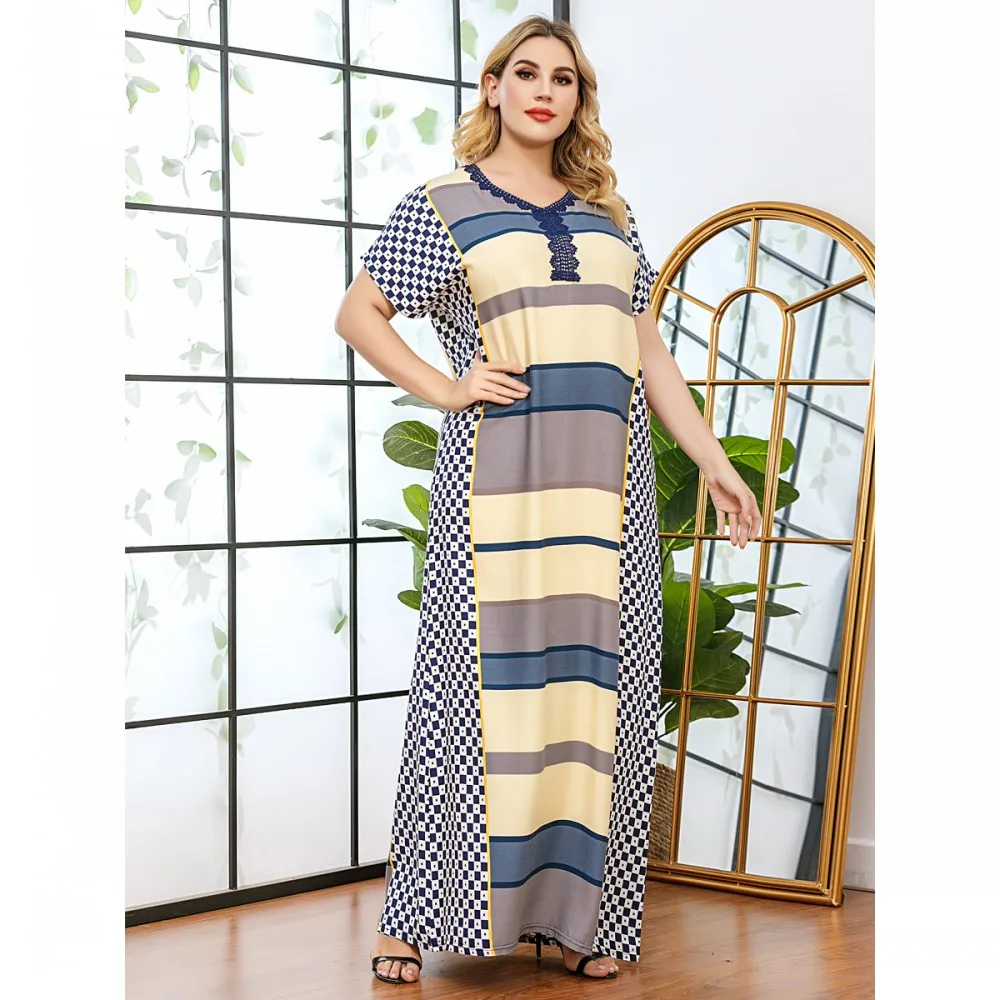 3XL Large Size Dress Summer 2021 New Lace Striped V-Neck Loose Positioning Printed Short Sleeve Dress Party Ladies Gown Vestidos