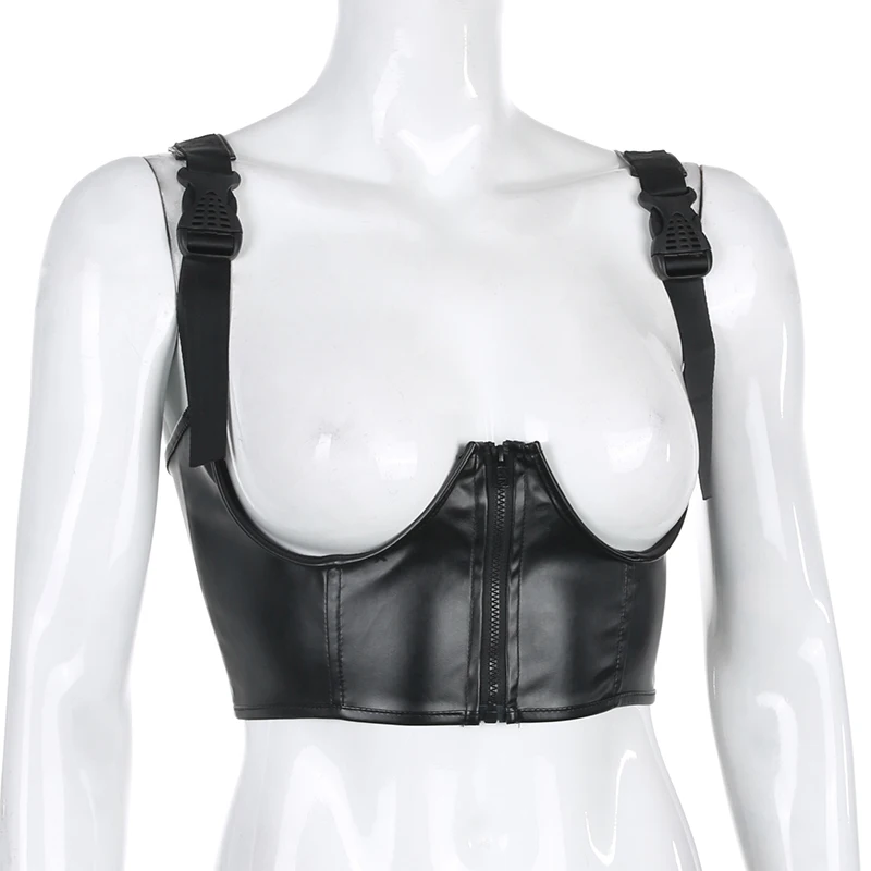 Darlingaga Streetwear Punk PU Leather Crop Top Women Buckle Zipper Gothic Tank Top Suspenders Strap Summer Tops Camisole Clothes