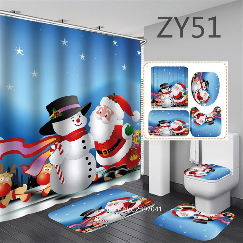 Merry Christmas Snowman Print Toilet Bathroom Mat And Shower Curtain 1Set/4PCS 