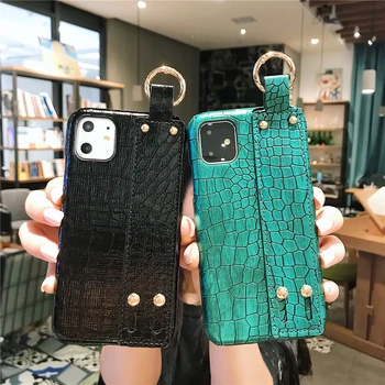 

for iPhone 11 Pro Max XR XS Max X SE 2020 7 8 Plus Case Luxury Crocodile Pattern Wrist Strap Cover Hard Phone Holder Cases Shell