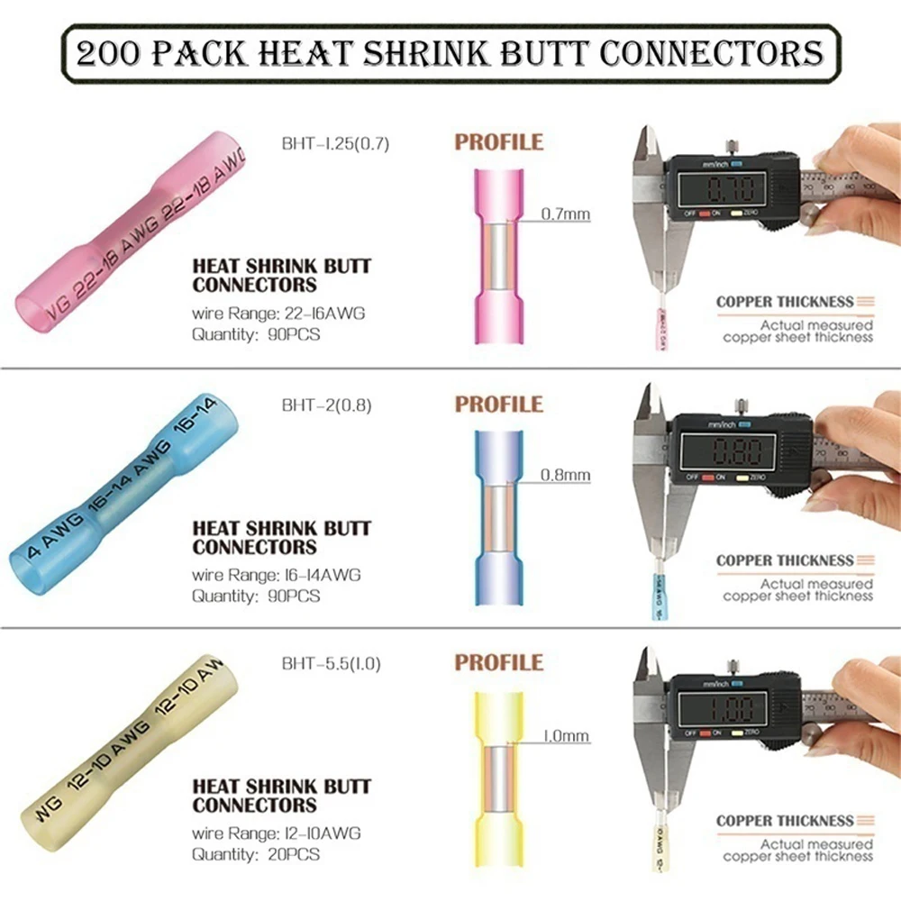 

Hot New 200pcs 3 Sizes Waterproof Heat Shrink Butt Connector Box Electrical Wire Cable Crimp Terminals Connectors Kit