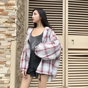 

Fashionable Women's Spring Dress Loose Mid Long Sun Proof Upper Garment Thin Net Red Plaid Shirt