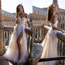 

Tulle Wedding Dresses White Custom Made 2021 Off the Shoulder Lace Appliques A Line Beach Bridal Gown Sexy High Split Wedding