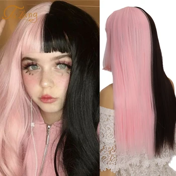 

TALANG Pink and Black Wig Long straight hair Cosplay Wig Two Tone Ombre Color Women Synthetic Hair Wigs