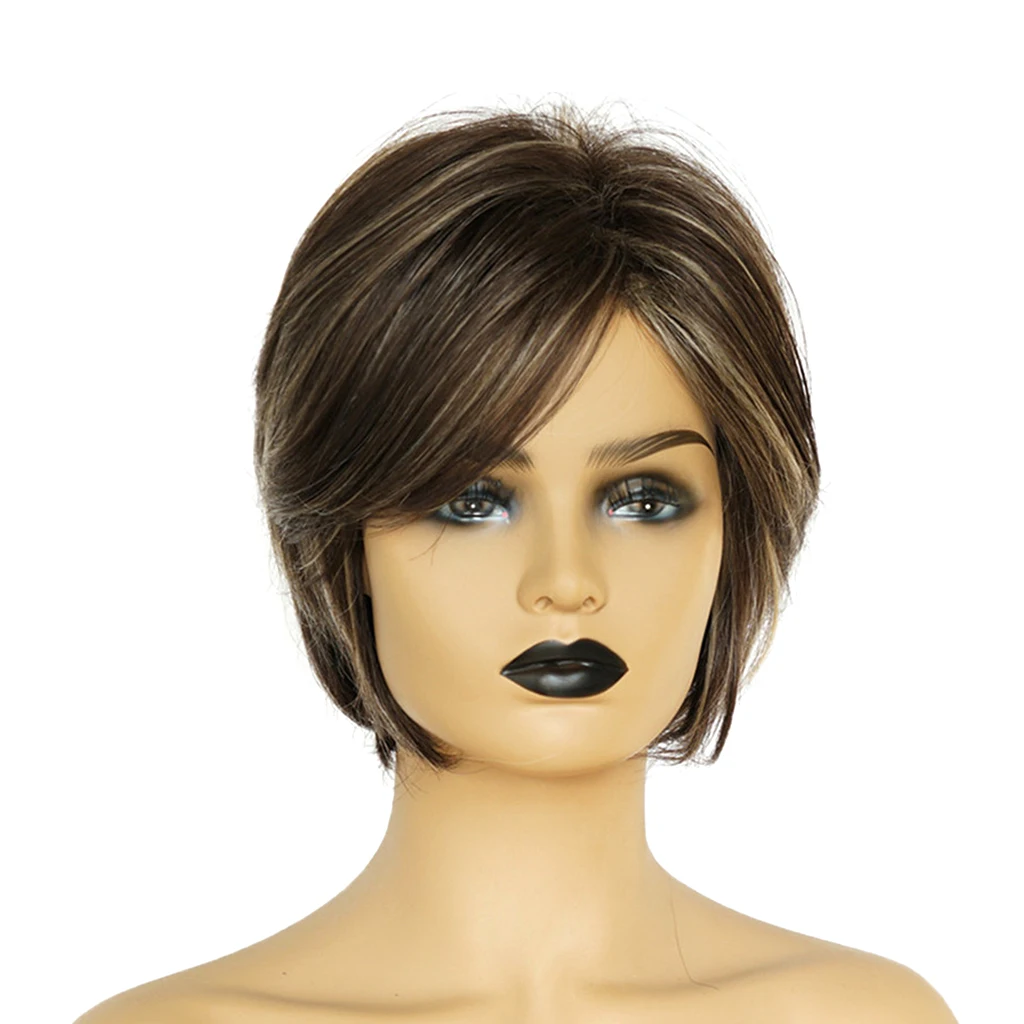 Chic Short Straight Pixie Cut Full Hair Wig Natural Human Hair Wigs w/ Bangs For Fashion Women Cosplay Costume Wig