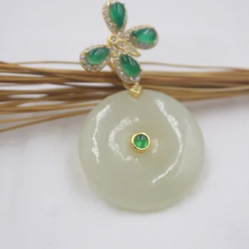 

Sterling S925 Silver & Natural Nephrite Hetian Jade Pendant Women Luck Butterfly Circle Pendant 43mmL