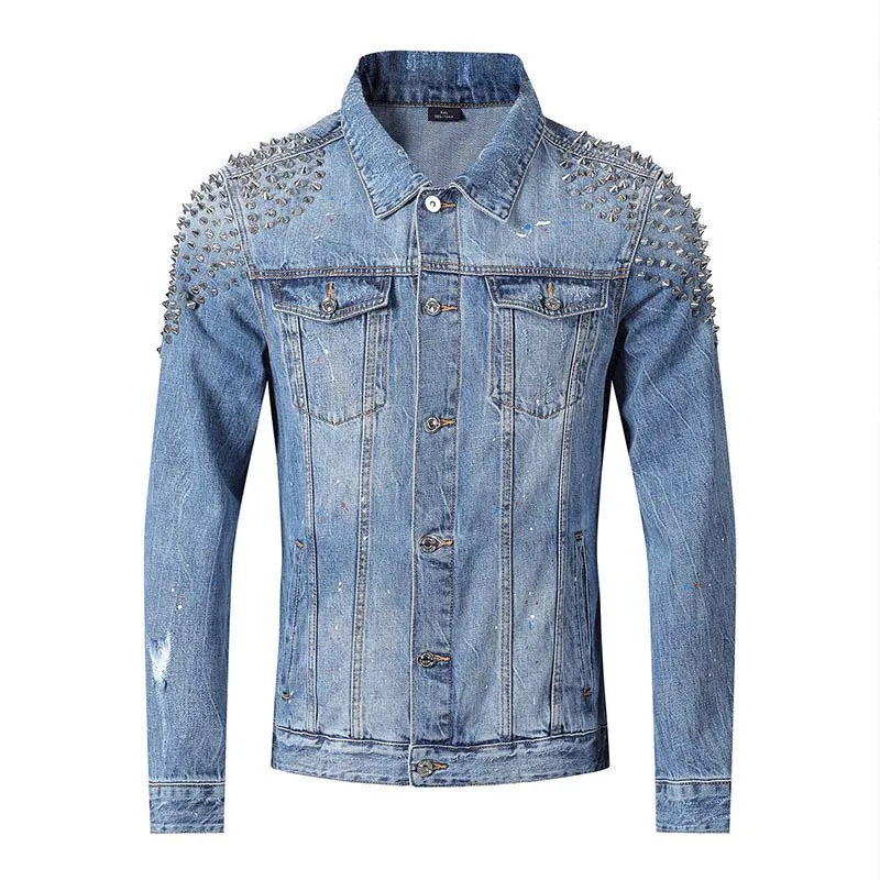 Men Ripped Denim Jackets With Rivet Dot Painted Jeans Jackets Outwear For Man Washed Streetwear  (7)