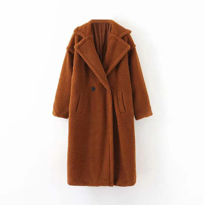 

Winter Casual Solid Teddy Coat Women Long Sleeve Fleece Long Jacket Lady Turn Down Collar Lamb Fur Coat Outerwear Fourrure Femme