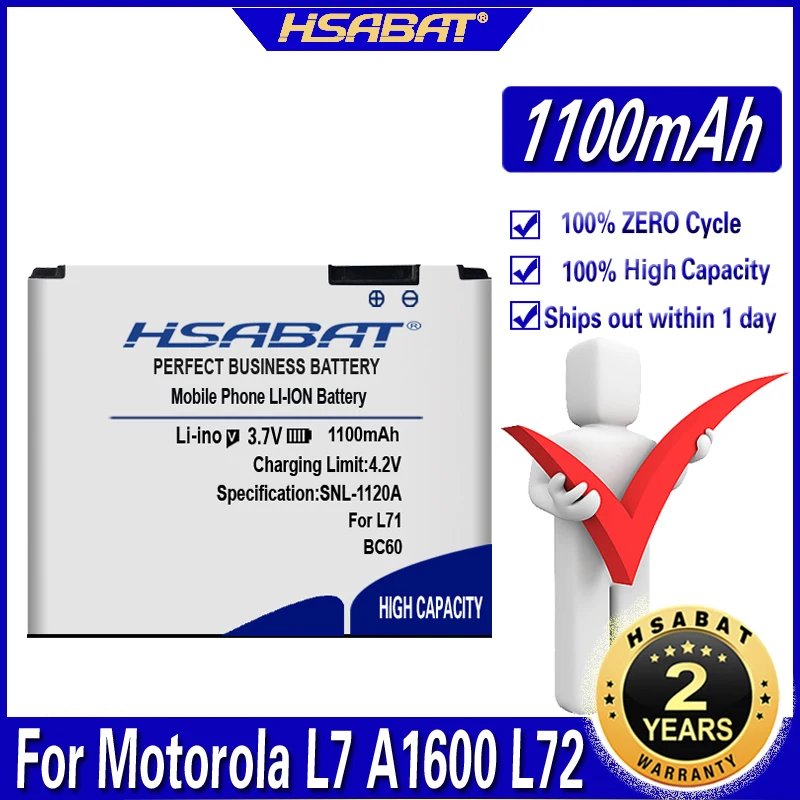 Аккумулятор HSABAT 1100 мАч BC60 для Motorola L7 A1600 L72 E8 L71 C261 EM30|Аккумуляторы мобильных