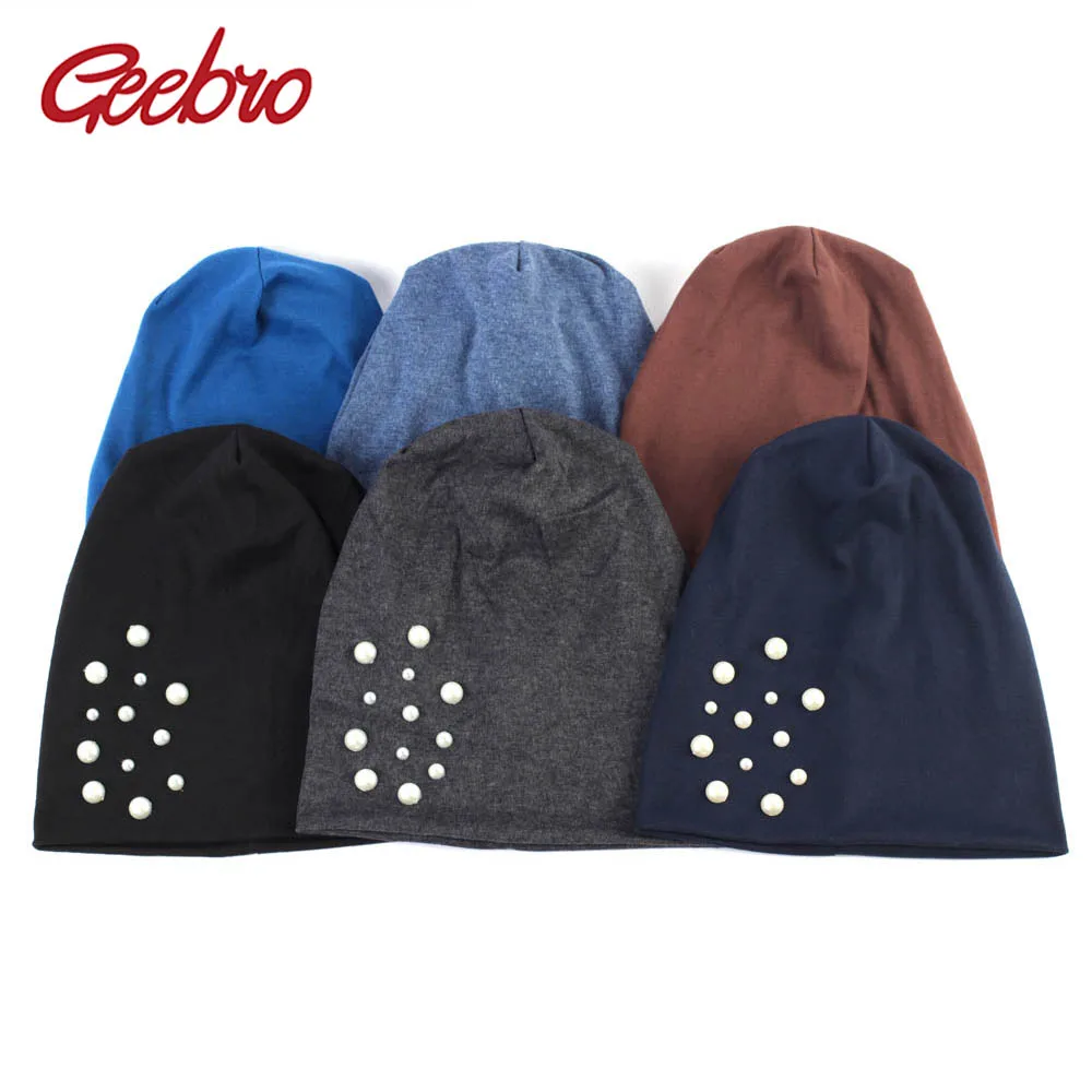 

Geebro Women Casual Cotton Soft Beanies Female Solid Color Elastic Skullies Hats With Pearl Accessories Caps Fashion Bonnet