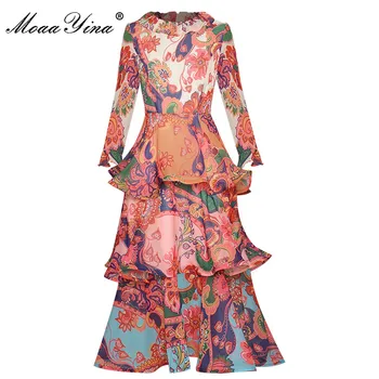 

MoaaYina Fashion Designer dress Autumn Women's Dress Baroque Print Cascading Ruffle Vacation Party Dresses