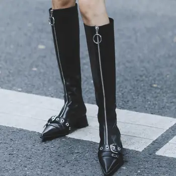 

Front Zipper Winter Boots Women Knee High Knight Botas Mujer Female Shoes Chunky Bota Feminina Pointy Botines Mujer 2020 Zapatos