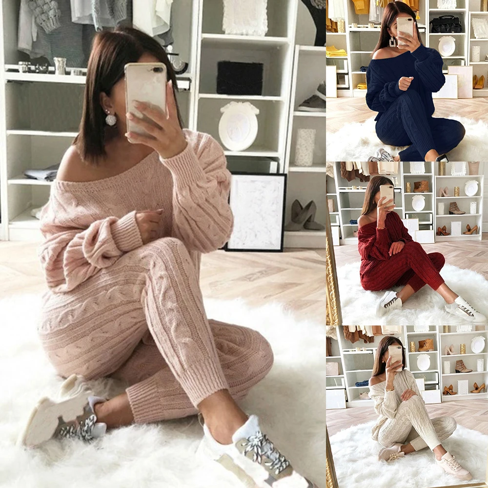 

2 Piece Set Knitted Christmas Women Set Outfit Solid Color Autumn Winter Ladies O Neck Pullover Tops+Pants Set Outfits