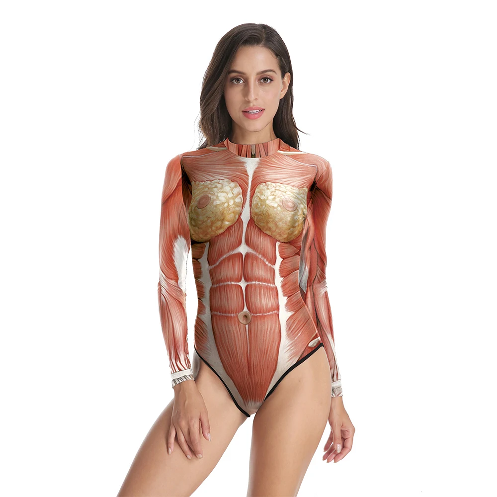 

One-piece swimsuit 2019 new realistic human body structure 3d printed ladies long-sleeved swimsuit Halloween stage performance
