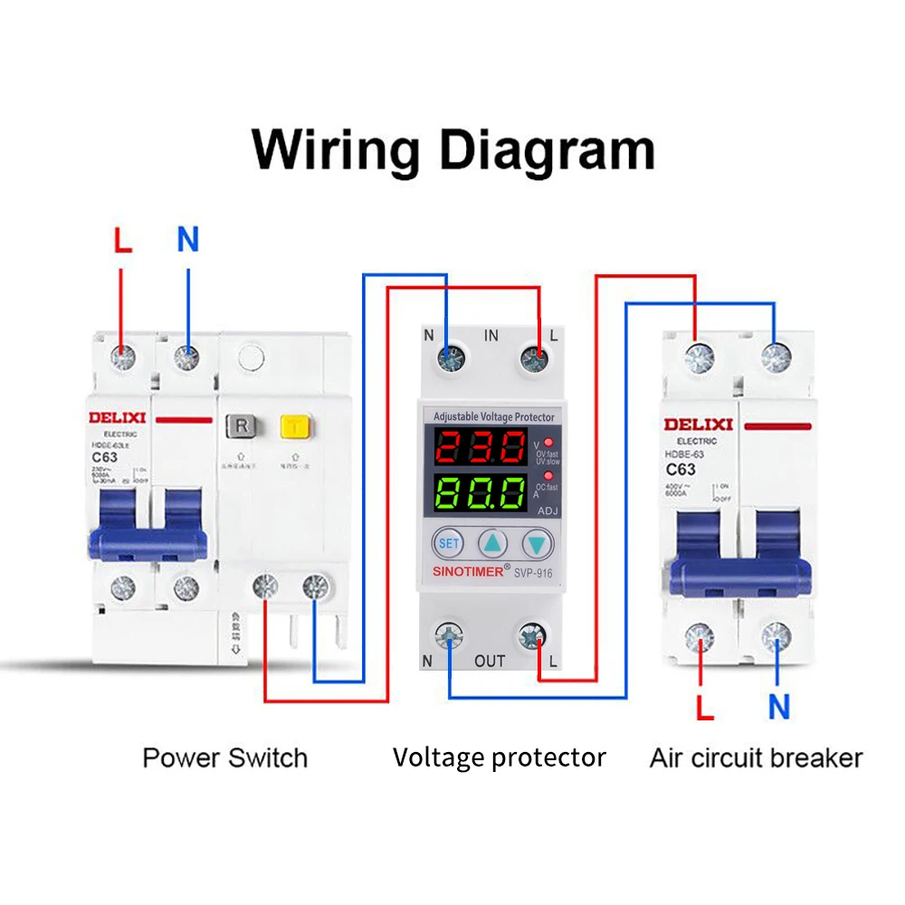 Dual LED display 40A 63A 80A din rail 230V adjustable voltage surge protector relay