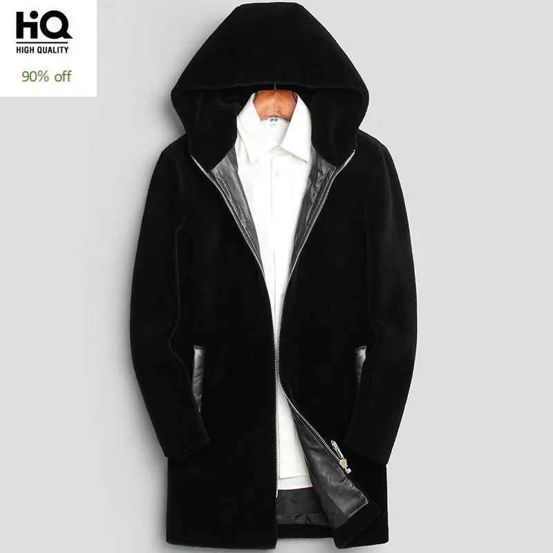 

New High Quality Natural Shearling Jacket Warm Thicken Long Shearling Coat Men Cap Zipper Slim Male Coat Jaqueta Masculina L-4XL