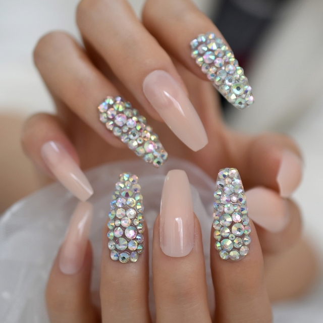 Luxury Strass Fake Nails AB Rhinestone Decorative Extra Long Ballerina White Full Cover Artificial Tips Natural 24