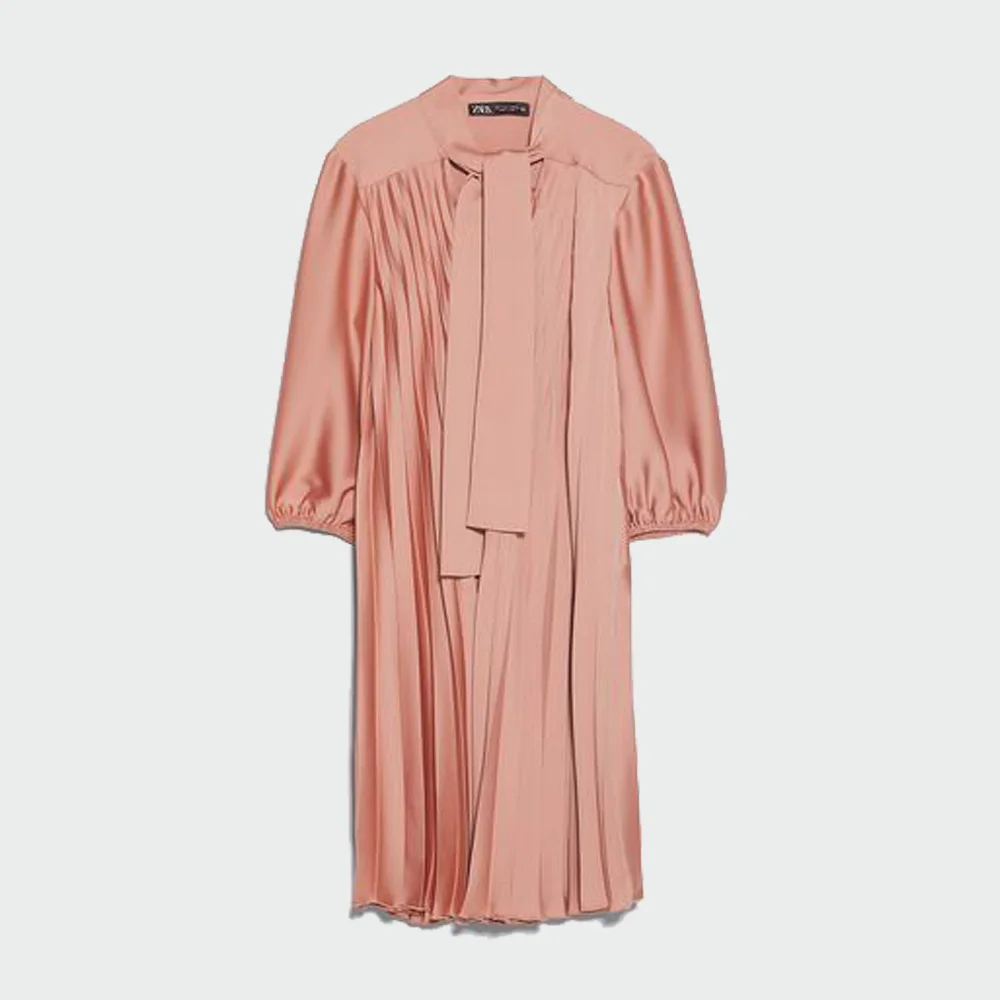 ZA осеннее новое розовое платье с бантом Европейская американская мода женская одежда Свободная Повседневная складчатая одежда Вечерние каникулы оптом - Цвет: Розовый